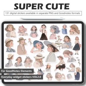 131 Girly Digital Stickers Set with Kawaii Characters for Digital Planners