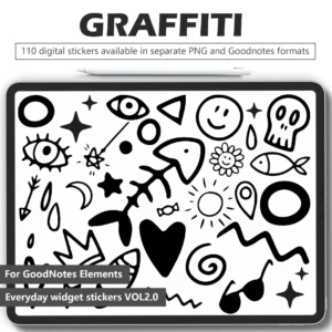 black-white-hand-drawn-digital-stickers-pack 108 hand-drawn digital stickers for digital planners - arrows, stars, hearts with ink textures