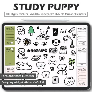 100 learning puppies digital stickers for digital planners - dogs with books pencils thinking poses