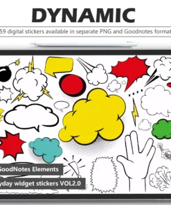 150 comic digital stickers for digital planners: bold borders, speech bubbles, text boxes. Pre-cut PNGs for GoodNotes/Notability