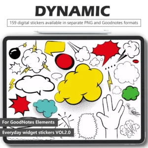 150 comic digital stickers for digital planners: bold borders, speech bubbles, text boxes. Pre-cut PNGs for GoodNotes/Notability