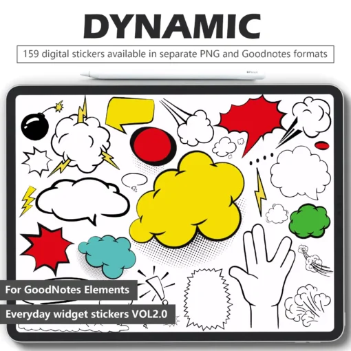 150 comic digital stickers for digital planners: bold borders, speech bubbles, text boxes. Pre-cut PNGs for GoodNotes/Notability