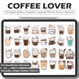 Coffee Digital Planner Stickers Set - Espresso Cups & Latte Art for Planner Templates