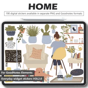 cozy-home-digital-stickers-pack-goodnotes-png-ipad-display Cozy Home Digital Stickers Pack displayed on iPad - Includes sofa, lamp, plants, kitchenware, dog on rug, books & more. For GoodNotes, Notability. PNG & GoodNotes file.