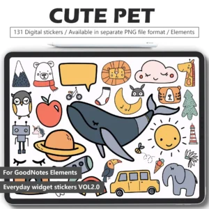 130 hand-drawn stickers digital for best digital planner - adorable animals, leafy greens, cartoons. Pre-cut PNGs for GoodNotes/Notability