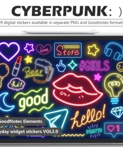 Cyberpunk Neon Digital Stickers Pack - 99 Glowing PNGs & GoodNotes File for Digital Planners | Transparent Background Icons