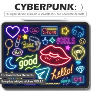 Cyberpunk Neon Digital Stickers Pack - 99 Glowing PNGs & GoodNotes File for Digital Planners | Transparent Background Icons
