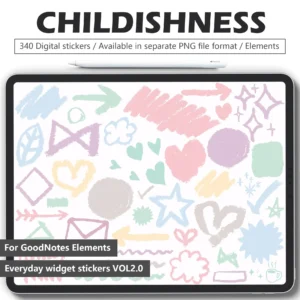 340 low-saturation crayon digital stickers for adult digital planners - soft clouds, lace borders, nostalgic doodles for GoodNotes/Notability