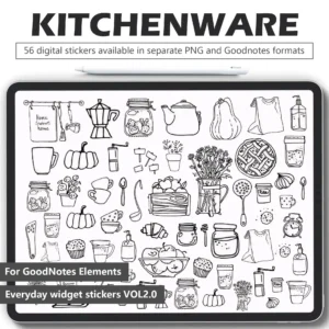 56 free kitchen digital stickers for meal planning - cups pots cutlery minimalist icons