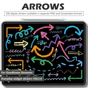 290 colorful hand-drawn arrow digital stickers with chalk texture - markers pointers highlights for guided note-taking