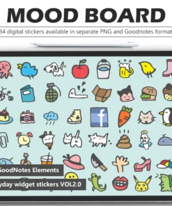 234 hand-drawn fun digital stickers: dinosaurs, Facebook logos, penguins, apples, dogs for GoodNotes/Notability. Transparent PNGs.