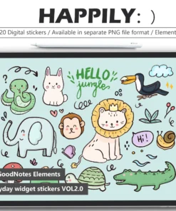 120 hand-drawn safari animal digital stickers for GoodNotes - lions, elephants, giraffes, zebras. Playful PNGs with transparent backgrounds.