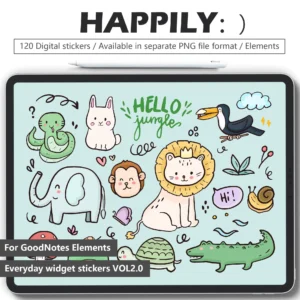 120 hand-drawn safari animal digital stickers for GoodNotes - lions, elephants, giraffes, zebras. Playful PNGs with transparent backgrounds.