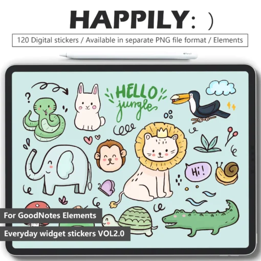 120 hand-drawn safari animal digital stickers for GoodNotes - lions, elephants, giraffes, zebras. Playful PNGs with transparent backgrounds.