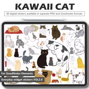 80 cute cat digital stickers with soft flat designs - kittens paws expressions for GoodNotes planners