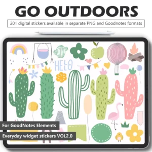 180-nature-digital-stickers-outdoor-adventure-collection 180 nature digital stickers set - blooming flowers cacti hot air balloons campfires animals vector PNG infinitely scalable