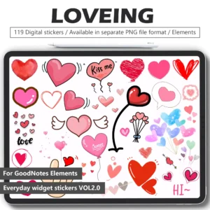 119 romantic heart stickers digital for best digital planner - swirly love patterns, sweetheart doodles, vintage Valentines. Pre-cut PNGs for GoodNotes/Notability