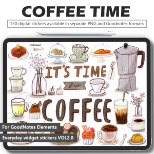 130-crayon-cafe-digital-stickers-warm-atmosphere 130 crayon-textured cafe digital stickers - coffee pots macarons vases pastries for cozy digital planners