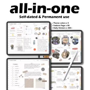 All in one undated digital planner with hyperlinked tabs and stickers in GoodNotes app