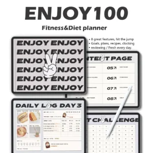100-Day digital fitness planner with workout tracker and meal planning template on iPad in GoodNotes app