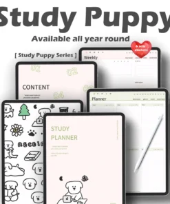 Low saturation aesthetic digital notebook template with 280 expanded pages and 6 bonus sticker packs, shown on iPad screen.
