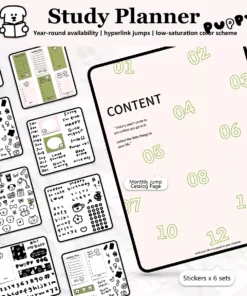 Preview of multiple clean, minimalist page designs within the 280-page low saturation digital notebook template.