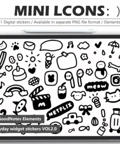 61 adorable mini digital stickers: tiny headphones, umbrella, snowman, envelope icons for GoodNotes/Notability. Transparent PNGs for digital planners.