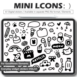61 adorable mini digital stickers: tiny headphones, umbrella, snowman, envelope icons for GoodNotes/Notability. Transparent PNGs for digital planners.