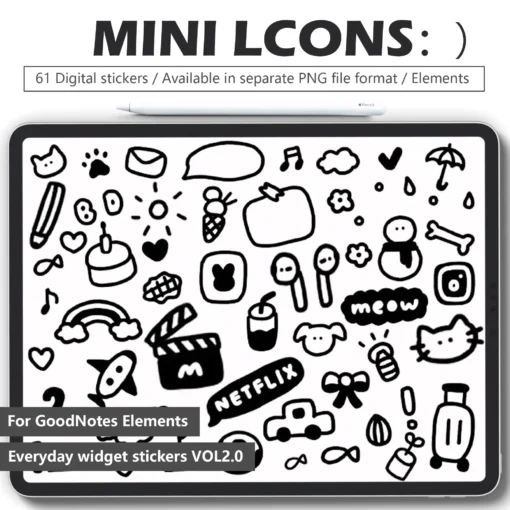 61 adorable mini digital stickers: tiny headphones, umbrella, snowman, envelope icons for GoodNotes/Notability. Transparent PNGs for digital planners.